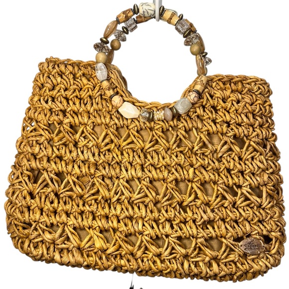 Cappelli Straworld Straw Beaded Handle Bag Boho Woven Raffia Purse Tan - Picture 2 of 11